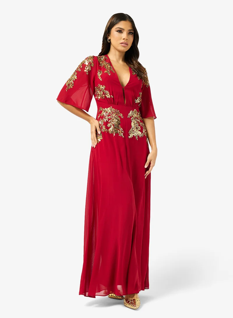 Hope & Ivy Plunge Front Embellished   Flutter Sleeve Maxi Dress